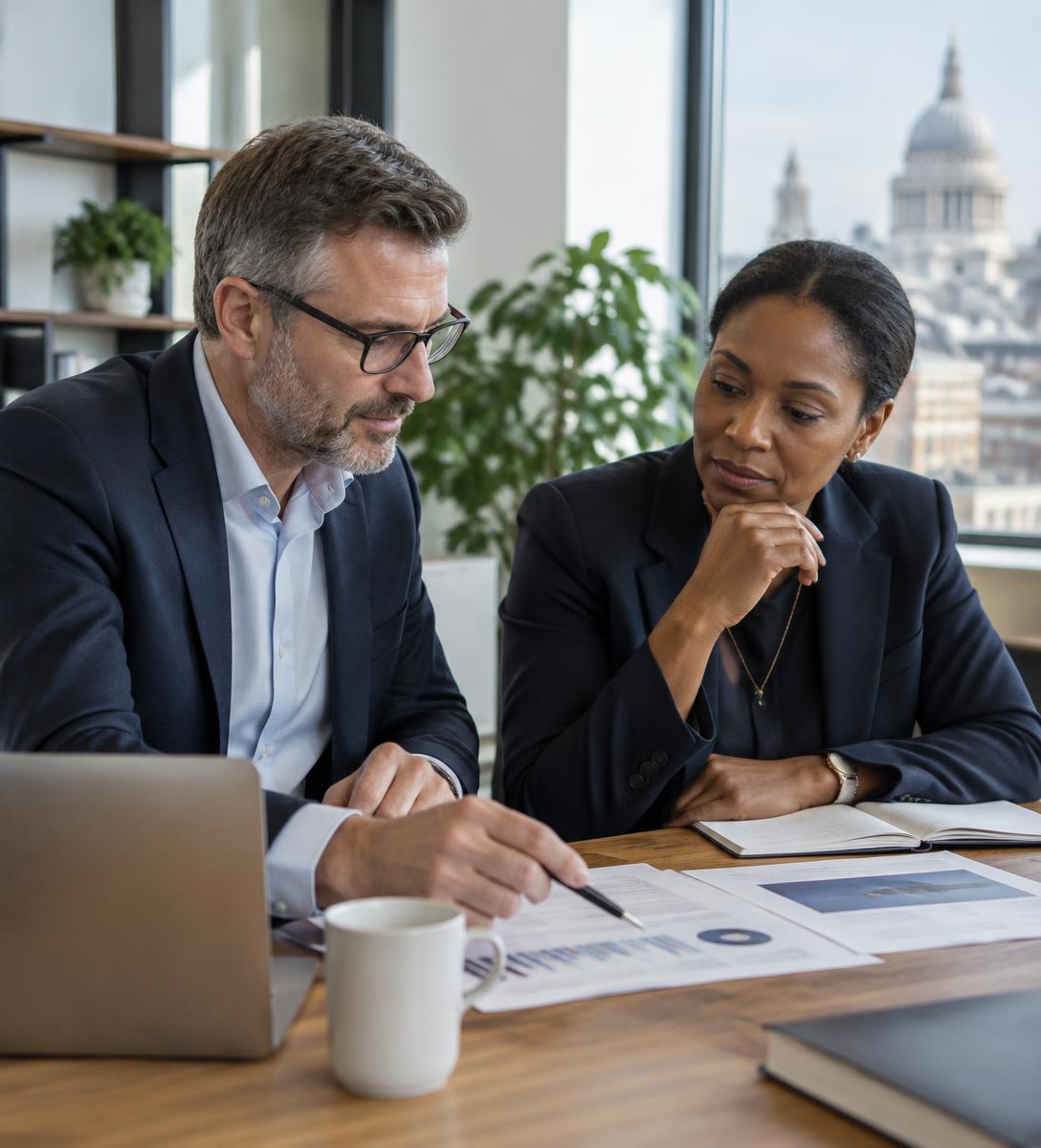 Two finance professionals reviewing business reports together